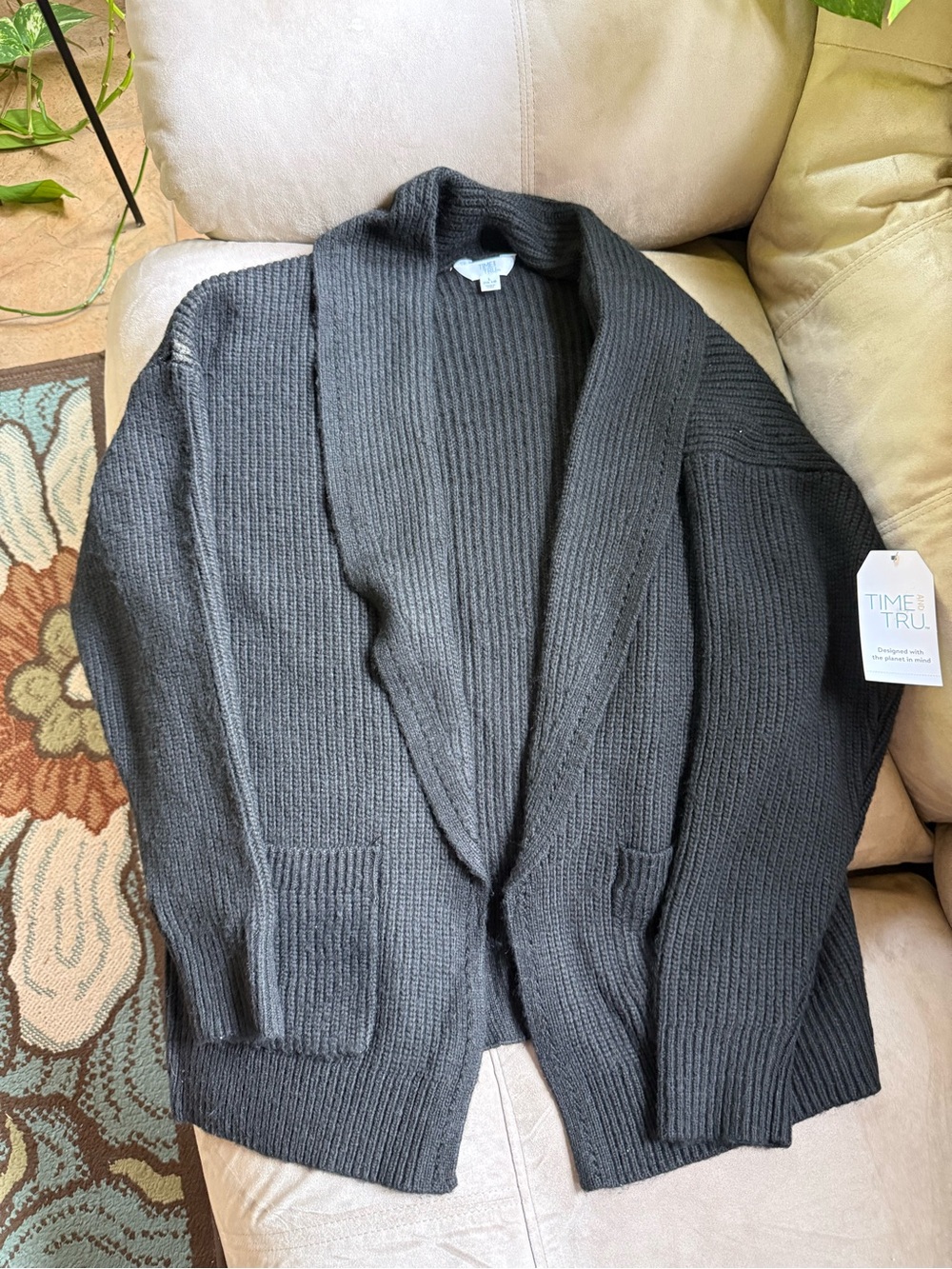 Time and Tru Black Shawl-Collar Open-Front Knit Cardigan